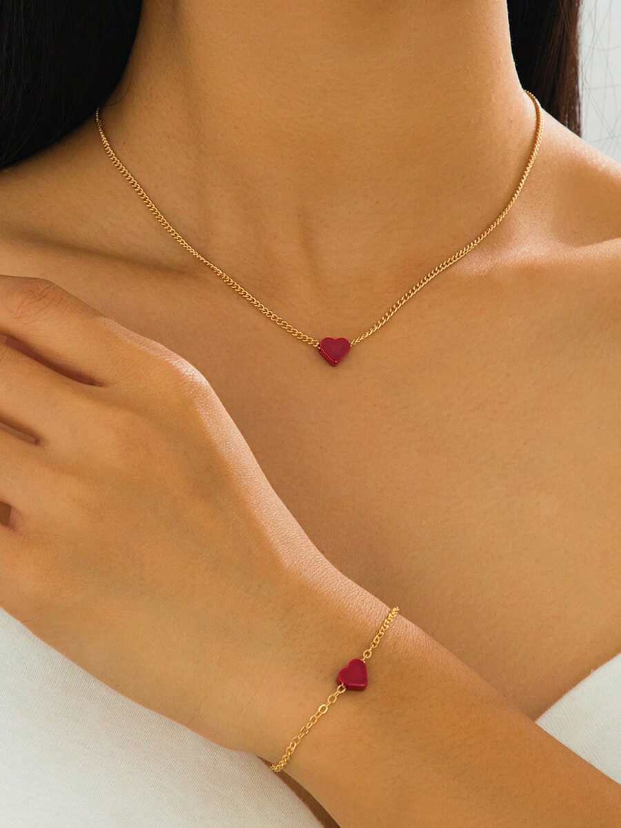 简约优雅喷绘红色心形吊坠项链手链套装，日常及节日送礼佳品 - 紅色 - 查看 1