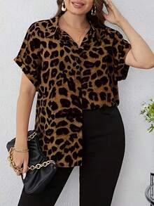 Plus Size Women Leopard Print Button Front Short Sleeve Shirt - Black - View 6
