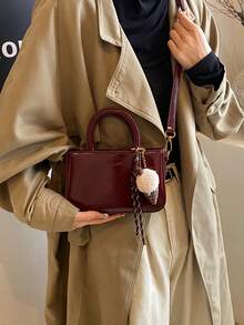 Autumn/Winter New Vintage Oiled Leather Burgundy & Black Handbag, Small Crossbody Bag For Women With Plush Pendant, Suitable For Daily Use, Shopping, Dating, Gift, Zipper Closure, Practical Phone Pouch, Letter Pattern Versatile Square Bag - Multicolor - View 3