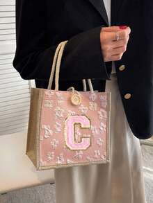 1件装毛巾刺绣字母图案手提包，小巧花卉亚麻纽扣装饰手提包，印花亚麻手提包，简约手提包，便携休闲收纳袋，午餐包，大容量手提包，时尚旅行收纳袋，多功能购物袋，适合作为节日礼物、生日礼物、圣诞礼物、秋冬礼物、新年礼物、情人节礼物 - 彩色 - 查看 4