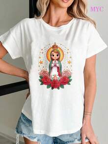 MYNOVA C 1 camiseta de algodón suave para mujer con diseño de la Virgen María, regalo ideal para Navidad, moderno y lindo. Vestidos de mujer de verano, casuales, perfectos para todas las estaciones, Tallas S M L XL - Blanco - Ver 2