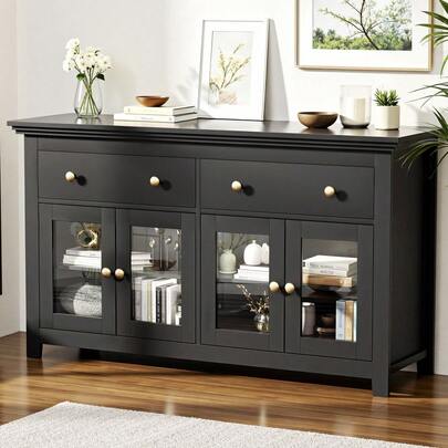  Artiss Buffet Sideboard Storage Cabinet Kitchen Cupboard Clear Door Drawer Black
