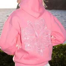 2025Hawaii Hibiscus Letter Print Embroidered Loose Sweatshirt Women's Drop Shoulder Sleeve Ribbed Hoodie Printlong Sleeve Tops,Tops,Hoodies - Màu Xám nhạt - Xem 7