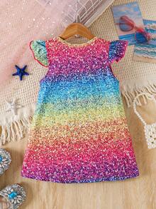 女婴休闲砖纹卡通美人鱼图案短袖连衣裙 - 彩色 - 查看 2