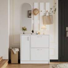 Garderoben-Set 3-teilig, Flur Garderoben Komplettprogramme mit 1 Schuhschrank, 1 Wandspiegel und 1 Garderobenpaneele, Wandgarderobe mit Ablage, Stylishe Garderobenset, Flurmöbel,Weiß - Blanc - Voir 4