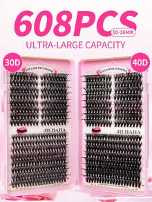 608PCS D Curl Fluffy Individual Lash Clusters 30D+40D/60D+80D, 10-16mm DIY Lash Clusters Extra Thick&Dramatic Volume&Ultra Soft&Super Light Reusable Individual Segmented False Eyelashes Eyelash Extension Kit For Self Use At Home Halloween&Cosplay&Daily Life - Black - View 3