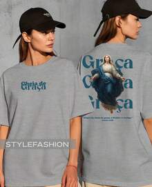 Camiseta Religiosa Maria Cheia de Graça Lucas 1:28 Salmos Deus Frase Jesus Cristã Camisa Unissex Algodão - Cinza - Visão 1