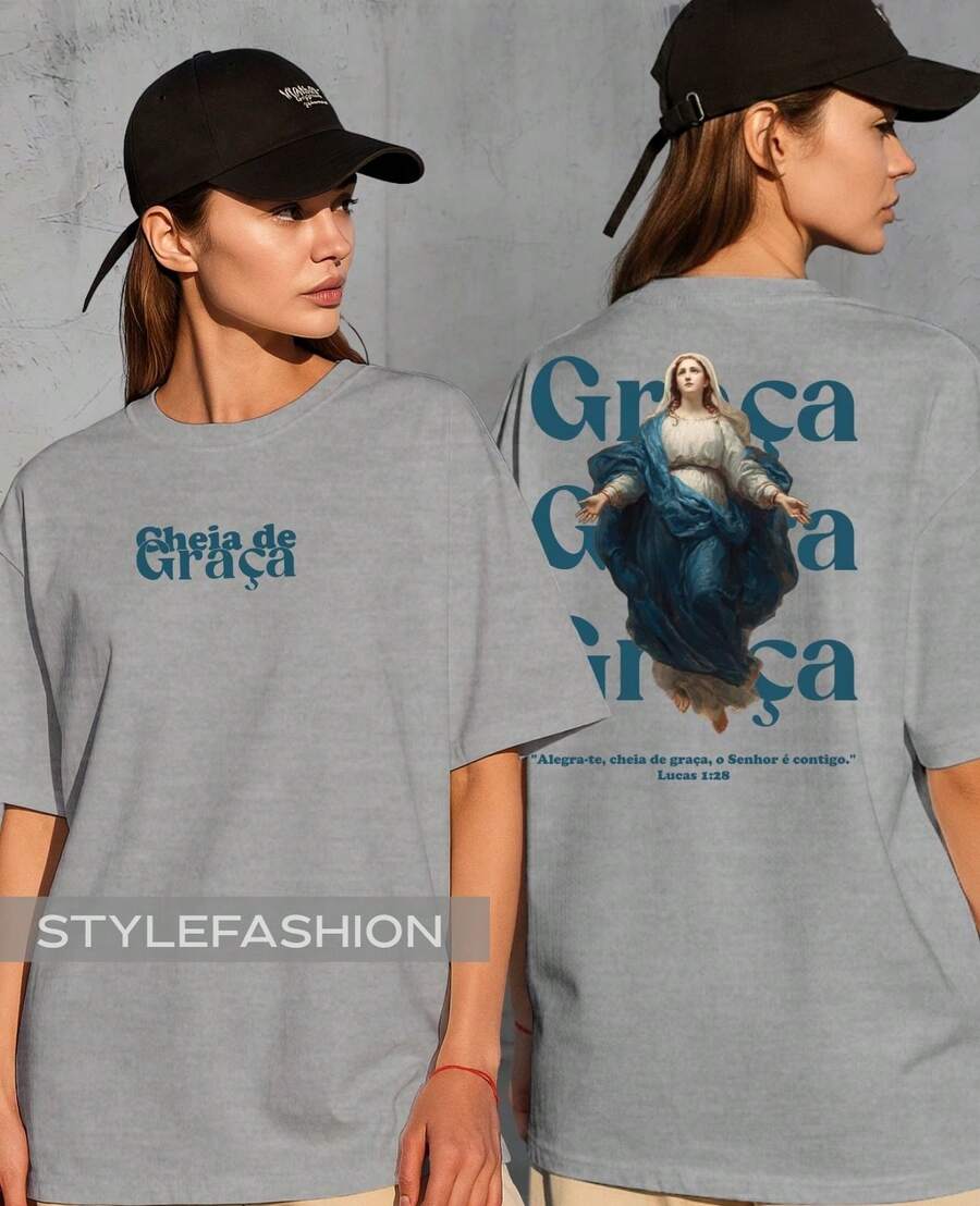 Camiseta Religiosa Maria Cheia de Graça Lucas 1:28 Salmos Deus Frase Jesus Cristã Camisa Unissex Algodão - Cinza - Visão 1