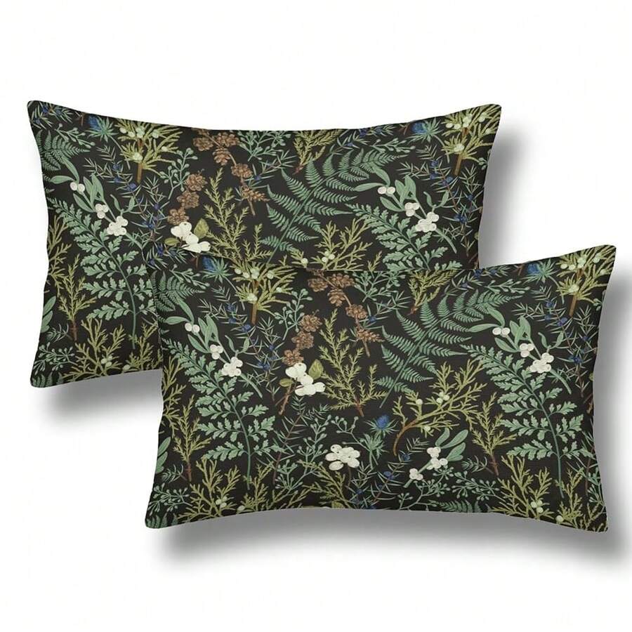 Spring Floral Lumbar Throw Pillow Covers 12x20 Set Of 2 Black Sage Green Plant Short Pl 11ush Pillows Case Vintage Botanical Rectangle Cushion Cover Decorative Pillowcases For Couch Bed,20inchx12inch(Packof2),Black - 黑色 - 查看 1