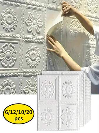 6/12/10/20片装3D立体花卉图案墙贴，泡沫自粘防水墙贴，易贴、易撕、易清洁，适用于厨房、客厅、浴室、走廊等场所。