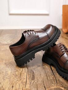 Men's Versatile Korean Style British Casual Lace-Up Thick Sole Solid Color Business Shoes, Suitable For Party, Commute, Street Wear, All Season - màu nâu - Xem 8