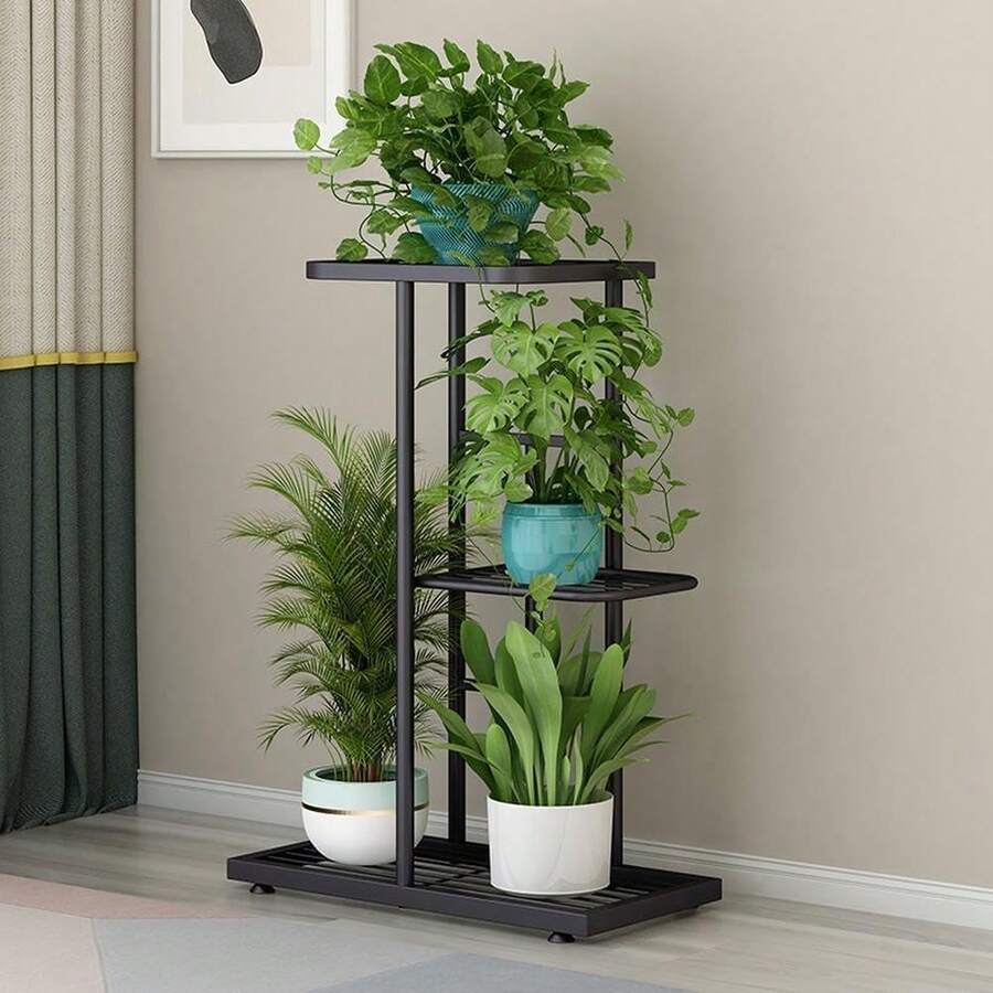 3-Tier White Plant Stand For Indoor And Outdoor Use, Metal Flower Stand, Corner Plant Stand, Plant Table, Tiered Plant Holder Display Rack For Patio, Living Room, Bedroom, Balcony, Garden - 黑色 - 查看 1