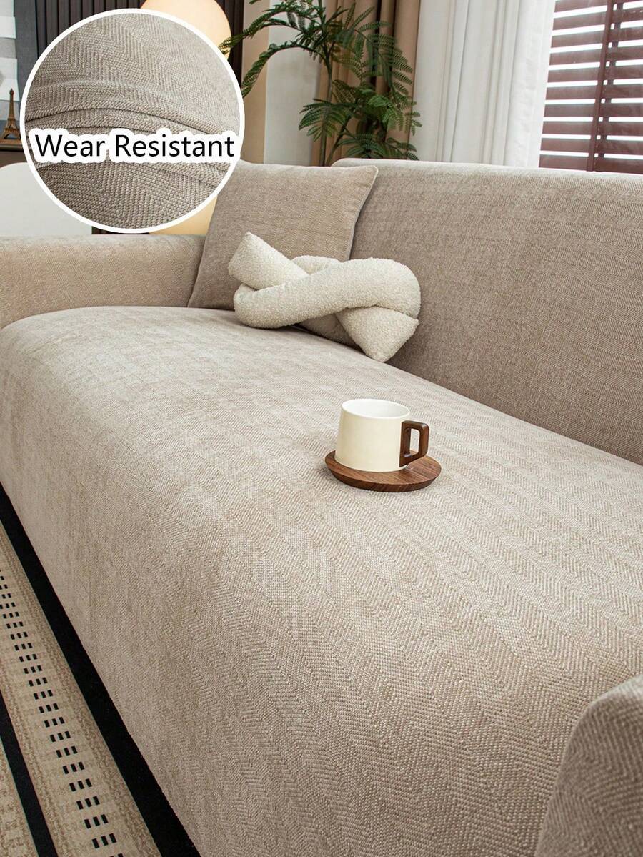 1pc Romantic Wedding Season Beige 3D Sofa Cover, Chenille Material Multifunctional Full Coverage Sofa Protector, Holiday Decor Stretch One-Piece Sofa Slipcover, Fits 1/2/3/4 Seater Sofa - Beige - View 1