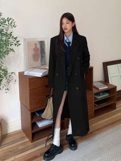 女士纯色双排扣复古翻领长款羊毛混纺大衣，冬季