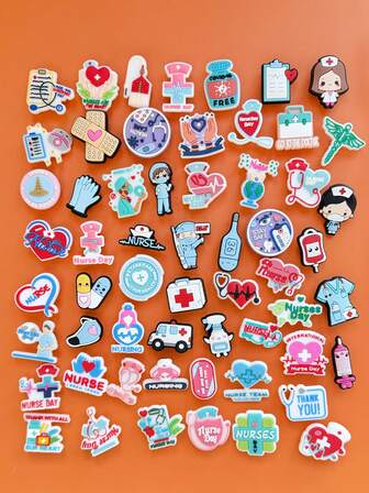 50 DELAR Blandad användning inom sjukvård, slumpmässig serie, med läkare- och sjukskötersketeman - Avtagbara PVC-tecknade dekorationer, strandskotillbehör, trädgårdsskor, tofflor, festpresenter, lämpliga för stövlar, smycken och klocktillbehör - perfekta presenter till födelsedagar, jular och alla hjärtans dag