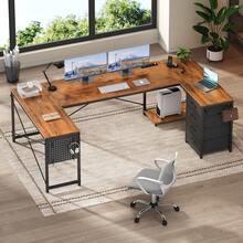 67" Reversible Computer Desk With 4 Fabric Drawers And Pegboard, Corner U Shaped Desk, Home Office Desk (Black+Brown) - 查看 1