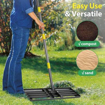 45 Inch Lawn Leveling Rake With Carbon Steel Handle - Heavy Duty Garden Rake For Loosening Soil, Collecting Leaves, Leveling Lawns, Farm Management & Thatch Removal