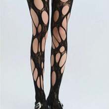 Women's Solid Color Cut Out Sheer Stretchy Sexy Fishnet Tights, Fashionable Comfy High Stretch Pantyhose For Daily Wear, Ladies Bottoms For All Seasons, Clothes - màu đen - Xem 5