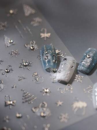 1pc Silver Bow Crystal Rhinestone Snowman Snowflake Christmas Tree Star Elegant Nail Art Stickers, Suitable For Hands And Feet, DIY Nail Art, Phone Cases, Diaries, Loved By Women And Girls