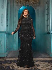 Damen Große Größen Glitzernde Strass-Abendkleider Mesh Meerjungfrau Brautjungfer Hochzeitsgast Cocktailparty Maxikleider Gala Abschlussball Herbst - Schwarz - Übersicht 7