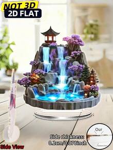 2D Acrylic, 1pc 2D Flat Printed Polpo Style Garden Scene Desktop Decor Sign With Waterfall, Tower And Potted Plants Pattern, Multipurpose Home And Office Decoration, With Display Stand