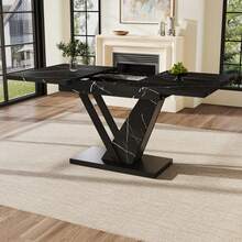 Telescopic Dining Table (120-160*75cm), Table, Kitchen Table, Extendable Table, Extends To 120-160cm With The Help Of Internal Inserts, For Kitchen And Living Room, Dining Table With Black Marble Pattern - Black - View 10