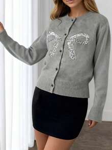 2026 Autumn/Winter New Fashion Shiny Bow Rhinestone Buckle Embellished Daily Date Exquisite Sweet & Cool Home Round Neck Long Sleeve Women's Cardigan Sweater, Halloween Saudi National Day Outfit, Elegant Party, Outing Attire, Graduation Dress, New Year Look, Elegant Ball - Grey - View 6