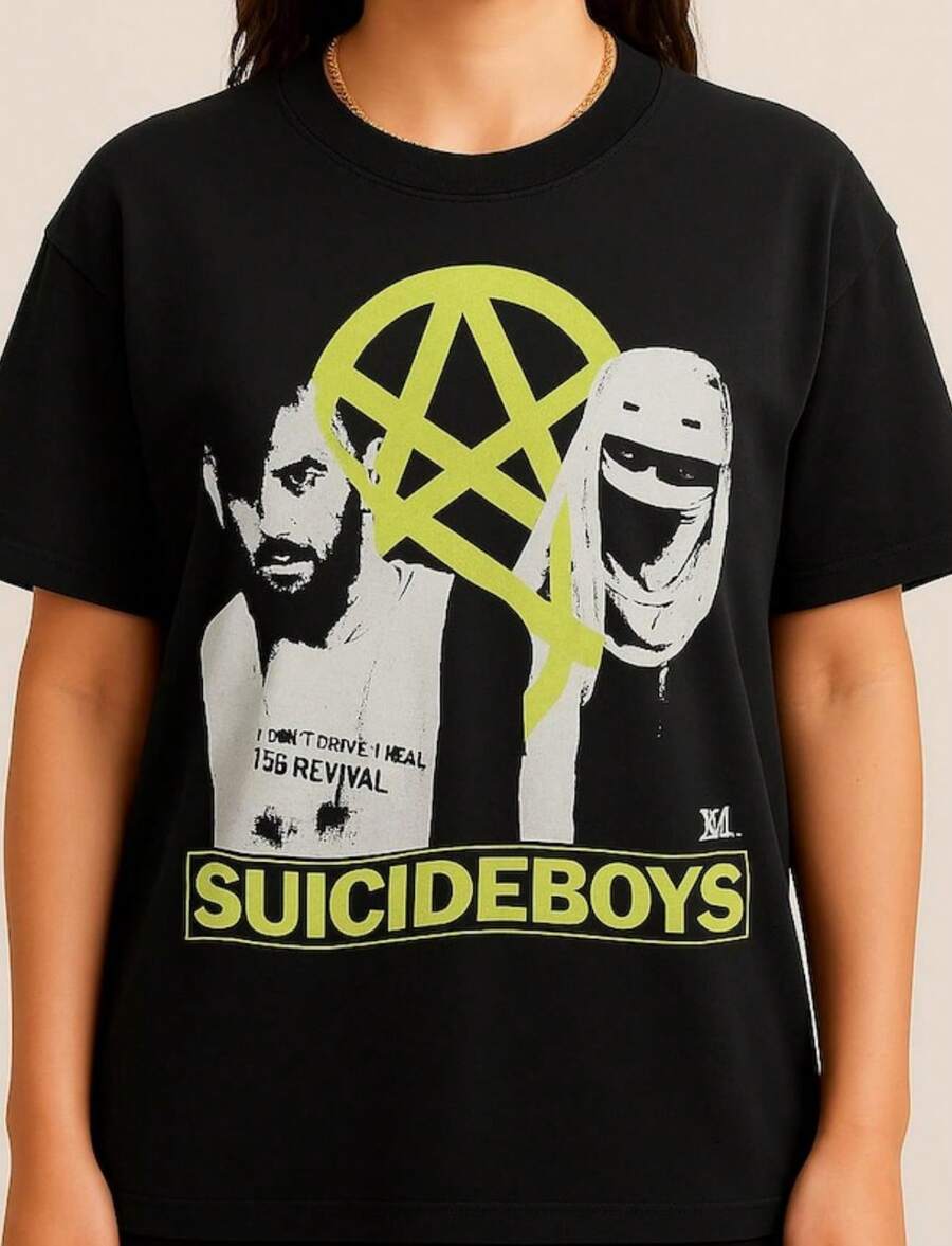 Suicideboy Pentagram Graphic T-Shirt Gothic Rap Hip-Hop Streetwear Fan Merch Tee - 黑色 - 查看 1