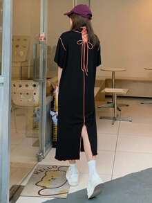 DAZY 女士撞色高领长袖橙色撞色系带露背宽松休闲连衣裙，侧开衩，秋冬款 - 黑色 - 查看 5