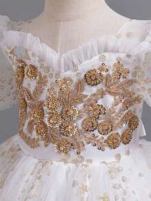 Girls Tulle Princess Dress With Puff Sleeves Star Sequins Lace Embroidery Big Bow Back Ball Gown Flower Girl Dress For Wedding Birthday Pageant - 白色 - 查看 5