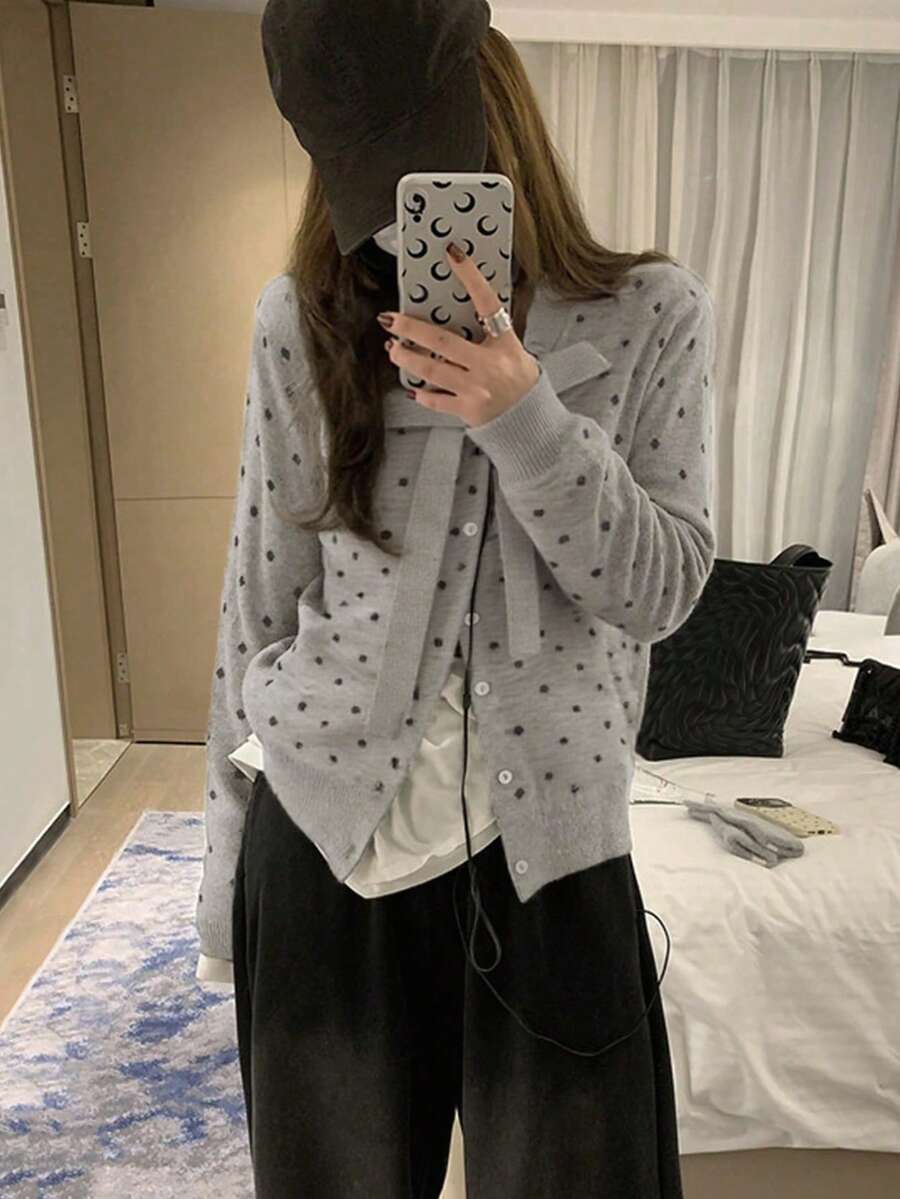 Cardigan Kasual Wanita Lengan Panjang Leher V Motif Polkadot dengan Tali dan Kancing Depan, Musim Gugur/Dingin - Grey - View 1