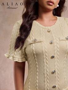 A&A 大码优雅针织镂空收腰美人鱼连衣裙，秋季连衣裙，返校季连衣裙，适合身材丰满的女性，适合老派富贵人士，也可作为婚礼宾客礼服。 - 杏色 - 查看 2