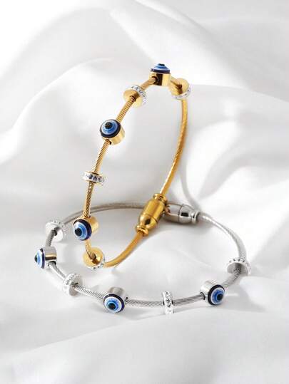 1pc Elegant Blue Charm Bracelet - Stainless Steel Material, Inlaid With Sparkling Zirconia, Suitable For Men And Women, Bohemian Style Accessory, Durable For Daily Wear And Holidays