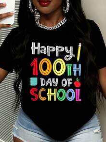 Happy 100th Day Of School T Shirt For Women Colorful Design Celebrating Education Fun And Festive Graphic Tee Perfect For Teachers Students And Parents School Celebration Outfit Casual Wear For The 100th Day Of School Event Educational Theme Apparel With Pencil Notebook And Apple Motifs Vibrant Colors And Playful Typography Ideal Gift For Classroom Activities And School Events Comfortable Cotton Blend Fabric Breathable And Soft For All Day Wear Stylish And Look For Any Age Group Suitable For Back To School Season And Academic Milestones - màu đen - Xem 2