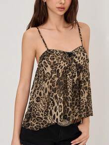 Leopard Print Bow Tie Camisole Crop Top - Coffee Brown - View 8