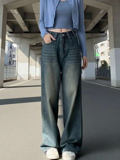 YEAE | 女士休闲直筒牛仔裤，带纽扣和拉链细节，长款无弹力面料，适合日常风格