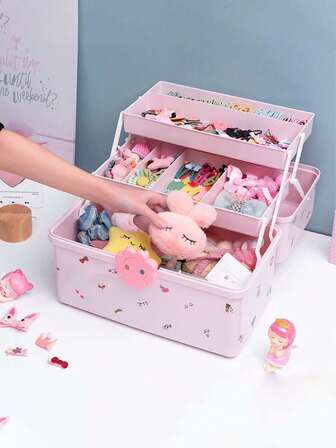 Organizador y caja de almacenamiento de plástico plegable de 3 capas con cerradura, organizador de accesorios para el cabello de niñas, diademas, pinzas, lazos para el cabello, suministros para niñas bebé