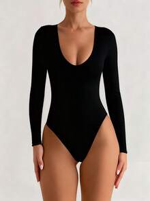 XLLAIS 2025 Autumn New Sexy V-Neck Tight Fit Basic Long Sleeve Black & White Bodysuit, Casual T-Shirt For Daily Wear - Black - View 1