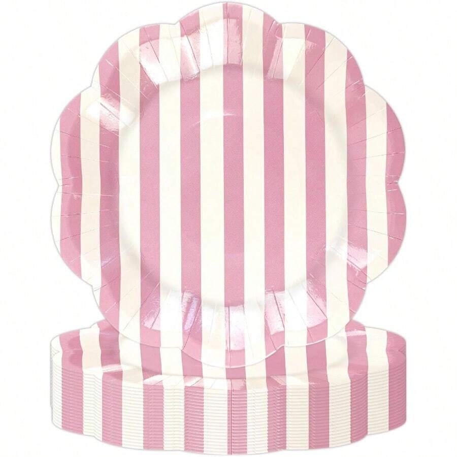 D50PCS Pink Striped Paper Plates 7Inch Scalloped Plates Disposable Pink And White Cake Dert Plate For Baby Shower Wedding Birthday Party Plies - 粉色 - 查看 1