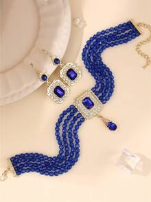 1 Set Fashion Women's Jewelry Set - Earrings & Necklace With Rhinestone Inlaid, Handmade Beaded Bohemian Style Bridal Wedding Dress Accessories, Holiday Gift