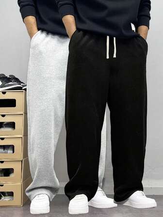 Men's Loose And Fashionable Sporty Long Pants, Featuring A Casual And Simple Solid Color Wide-Leg Design, With Drawstring At The Waist And Large Pockets, Suitable For Daily Strolls, Work, Travel, Etc