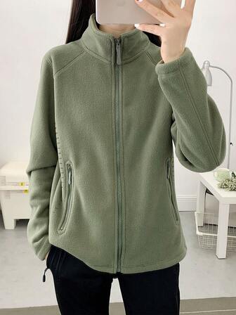 Chaqueta de forro polar con cuello alto, bolsillo con cremallera, unicolor, cómoda, adecuada para senderismo, uso casual al aire libre, manga larga, diseño minimalista, otoño/invierno