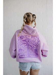2025Hawaii Hibiscus Letter Print Embroidered Loose Sweatshirt Women's Drop Shoulder Sleeve Ribbed Hoodie Printlong Sleeve Tops,Tops,Hoodies - Light Purple - Palm Tree - View 1