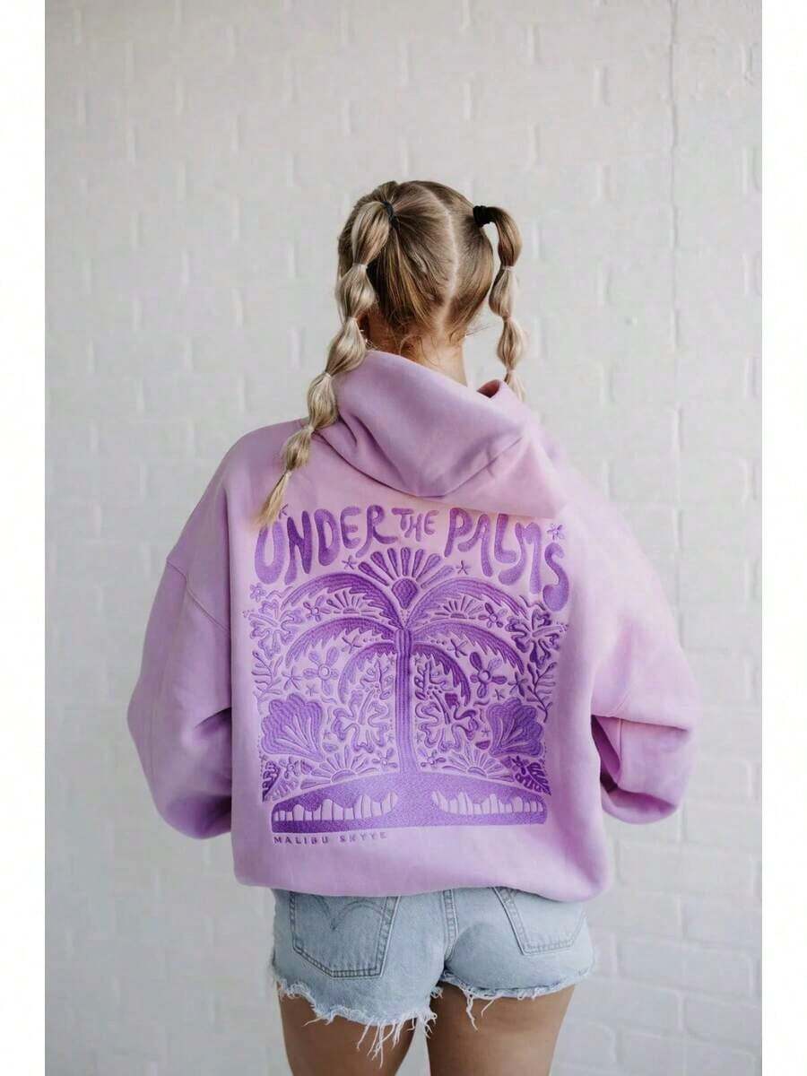 2025Hawaii Hibiscus Letter Print Embroidered Loose Sweatshirt Women's Drop Shoulder Sleeve Ribbed Hoodie Printlong Sleeve Tops,Tops,Hoodies - Light Purple - Palm Tree - View 1