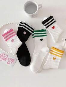 5 pares de calcetines hasta el tobillo para mujer con bloques de color, decoración de corazón, estilo lindo y dulce, casual, deportivo y escolar - Multicolor - Ver 4