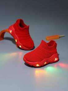 1双婴儿透气条纹布面运动鞋，带LED灯鞋底，套脚式学步鞋，户外休闲鞋 - 紅色 - 查看 1