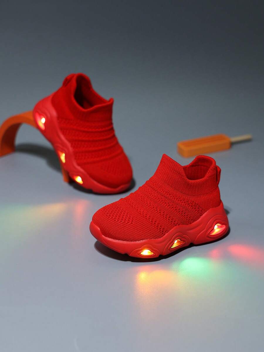1双婴儿透气条纹布面运动鞋，带LED灯鞋底，套脚式学步鞋，户外休闲鞋 - 紅色 - 查看 1