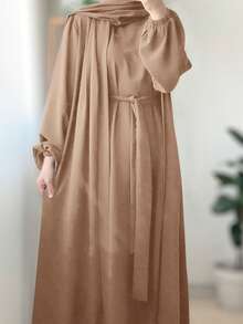 Women's Solid Color Comfortable Casual Loose Cardigan + Sleeveless Robe Two Pieces Set Abaya Robe With Belt - No Headscarf, Quick Ship - Khaki - View 6