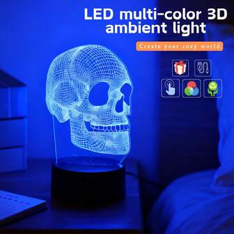 1pc 3D Skull LED Night Light - USB Powered, Touch Control RGB 7 Color Changing, Suitable For Home Bedroom, Study, Halloween Party Decor, Gift