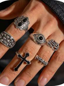 imoli 6 件/套哥特朋克风格锌合金黑油、鹰爪、眼睛形银戒指，男士适用，万圣节派对礼物（手工上油、各种黑化效果）